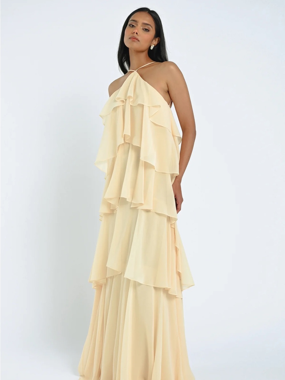 Jenny Yoo One-Shoulder Tiered Ruffle Gown in Buttercup
